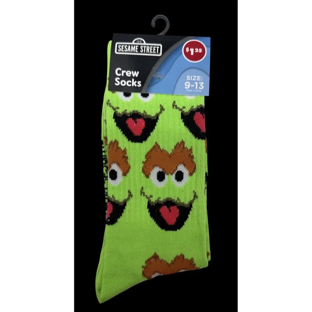 Sesame Street Oscar the Grouch Crew Socks Adult 9-13 Green Novelty‎ New